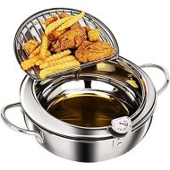 RHESHIN Temperature Control Fryer, Japanese Style Stainless Steel Fryer, Tempura Fryer, Mini Stewing Pot, Frying Pan with Thermometer and Oil Drip Tray for Gas Cooker, Induction Cooker (14