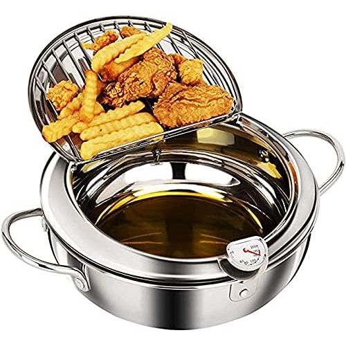  RHESHIN Temperature Control Fryer, Japanese Style Stainless Steel Fryer, Tempura Fryer, Mini Stewing Pot, Frying Pan with Thermometer and Oil Drip Tray for Gas Cooker, Induction Cooker (14