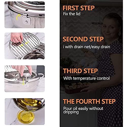  RHESHIN Temperature Control Fryer, Japanese Style Stainless Steel Fryer, Tempura Fryer, Mini Stewing Pot, Frying Pan with Thermometer and Oil Drip Tray for Gas Cooker, Induction Cooker (14