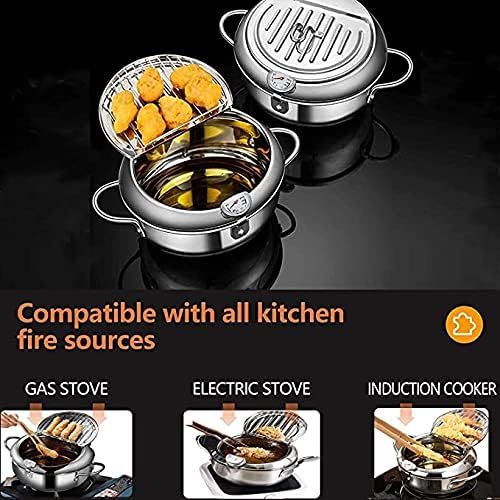  RHESHIN Temperature Control Fryer, Japanese Style Stainless Steel Fryer, Tempura Fryer, Mini Stewing Pot, Frying Pan with Thermometer and Oil Drip Tray for Gas Cooker, Induction Cooker (14