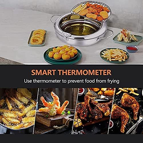  RHESHIN Temperature Control Fryer, Japanese Style Stainless Steel Fryer, Tempura Fryer, Mini Stewing Pot, Frying Pan with Thermometer and Oil Drip Tray for Gas Cooker, Induction Cooker (14