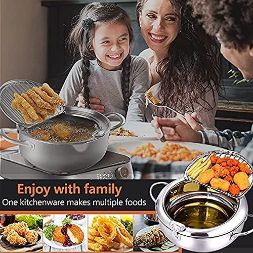  RHESHIN Temperature Control Fryer, Japanese Style Stainless Steel Fryer, Tempura Fryer, Mini Stewing Pot, Frying Pan with Thermometer and Oil Drip Tray for Gas Cooker, Induction Cooker (14