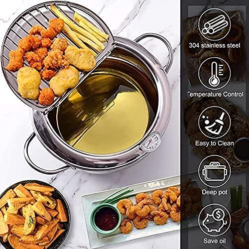  RHESHIN Temperature Control Fryer, Japanese Style Stainless Steel Fryer, Tempura Fryer, Mini Stewing Pot, Frying Pan with Thermometer and Oil Drip Tray for Gas Cooker, Induction Cooker (14