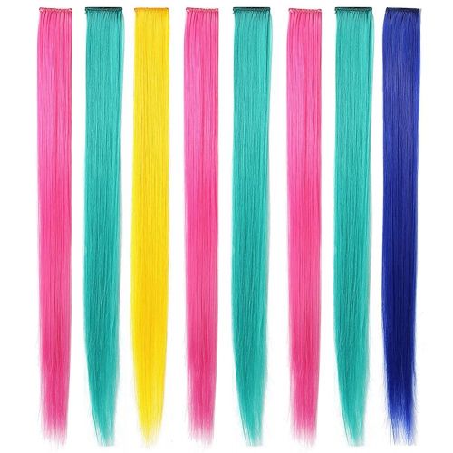  RHY 9PCS Princess Fun Highlights Rainbow Hair Extensions Clip in Colored Wig Accessories for American Girls/Dolls