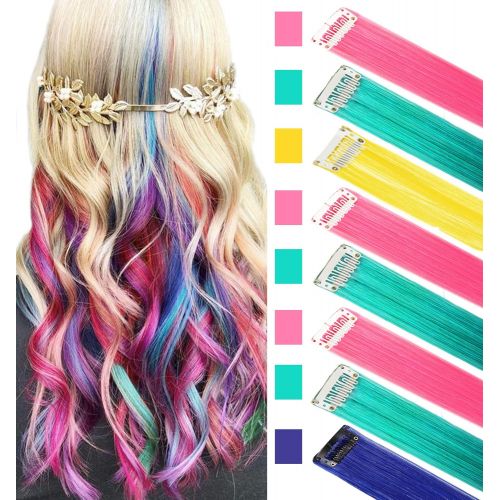  RHY 9PCS Princess Fun Highlights Rainbow Hair Extensions Clip in Colored Wig Accessories for American Girls/Dolls