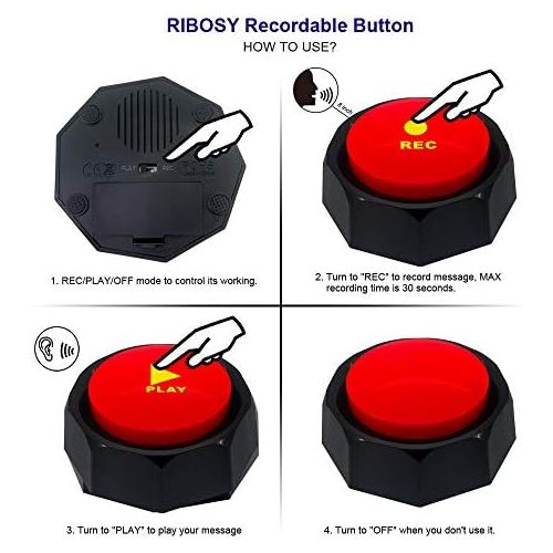  [아마존베스트]RIBOSY Set of 4 Colored Recordable Button, Dog Training Buzzer - Record & Playback Your Own Message - 30 Second Recording Button (Battery Included)