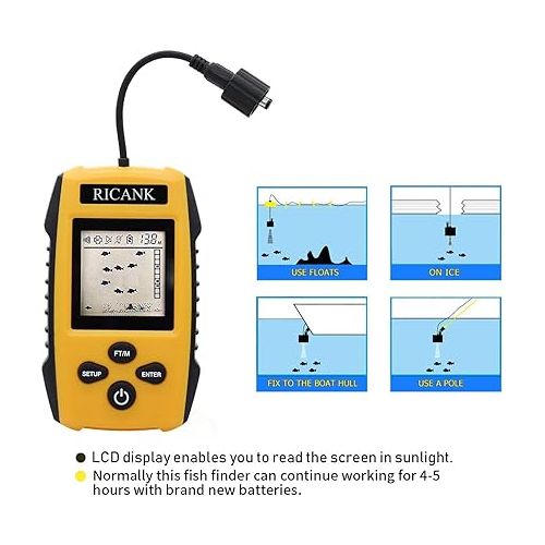  Portable Fish Finder, Handheld Fish Depth Finder Contour Readout Fishfinder Ice Kayak Shore Boat Fishing Fish Detector Device with Sonar Sensor Transducer and LCD Display Gear Fish Depth Finder