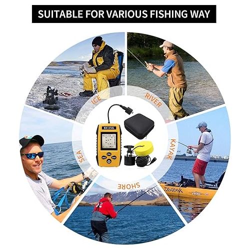 Portable Fish Finder, Handheld Fish Depth Finder Contour Readout Fishfinder Ice Kayak Shore Boat Fishing Fish Detector Device with Sonar Sensor Transducer and LCD Display Gear Fish Depth Finder