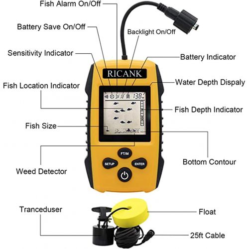  RICANK Portable Fish Finder, Handheld Fish Depth Finder Contour Readout Fishfinder Ice Kayak Shore Boat Fishing Fish Detector Device with Sonar Sensor Transducer and LCD Display Ge