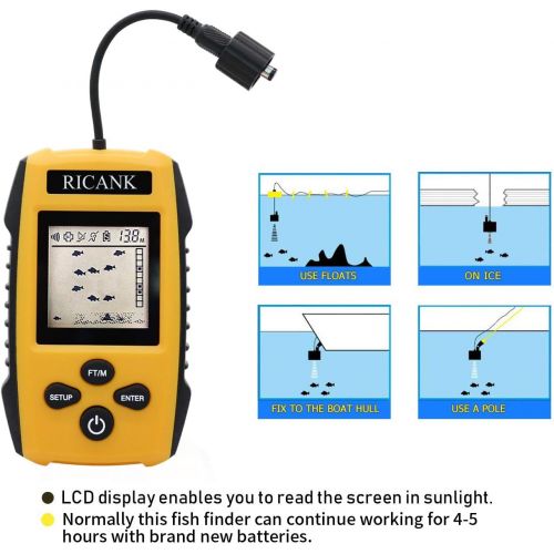  RICANK Portable Fish Finder, Handheld Fish Depth Finder Contour Readout Fishfinder Ice Kayak Shore Boat Fishing Fish Detector Device with Sonar Sensor Transducer and LCD Display Ge