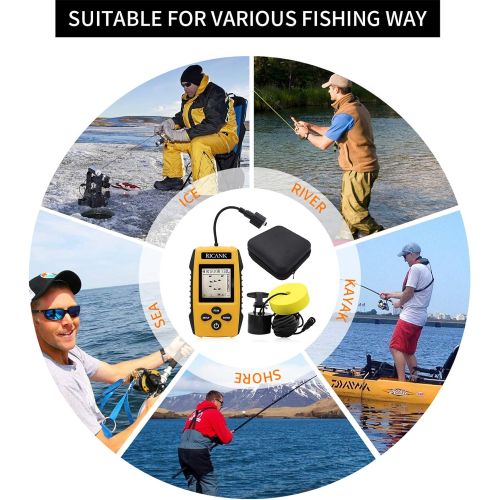  RICANK Portable Fish Finder, Handheld Fish Depth Finder Contour Readout Fishfinder Ice Kayak Shore Boat Fishing Fish Detector Device with Sonar Sensor Transducer and LCD Display Ge