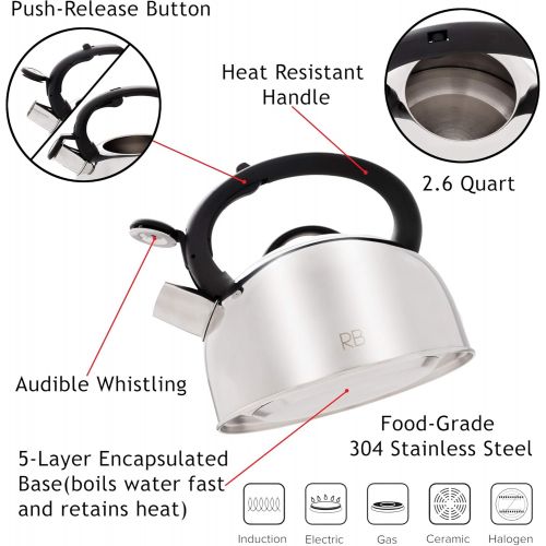  RICHBASIC Tea Kettle Stovetop - Food-Grade Whistling Tea Kettle with Cool Touch Handle - Stainless Steel Tea Kettle with 5-Layered Base that Heats Fast - Tea Kettle for Stove Top