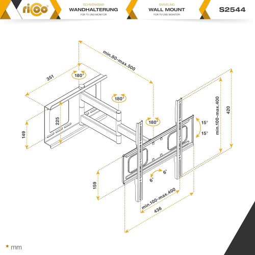  [아마존 핫딜]  [아마존핫딜]RICOO TV Wandhalterung S2544 Universal fuer 32-65 Zoll (ca. 81-165cm) Schwenkbar Neigbar | Wand Halter Aufhangung Fernseh Halterung auch fuer Curved LCD und LED Fernseher | VESA 200x