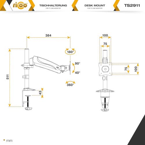  [아마존 핫딜]  [아마존핫딜]RICOO Monitorstander TS2911 fuer ca. 13-32 Zoll (33-81cm) Gasfeder Schwenkbar Neigbar | Monitorhalterung Bildschirmstander Monitor Halterung Tisch Stander Stand | VESA 75x75 100x100