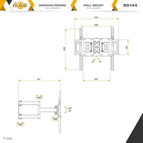  [아마존 핫딜]  [아마존핫딜]RICOO TV Wandhalterung S5144 Universal fuer 30-65 Zoll (ca. 76-165cm) Schwenkbar Neigbar | Wand Halter Aufhangung Fernseh Halterung auch fuer Curved LCD und LED Fernseher | VESA 200x