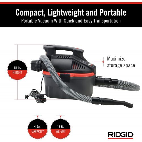  RIDGID 50313 4000RV Portable Wet Dry Vacuum, 4-Gallon Small Wet Dry Vac with 5.0 Peak HP Motor, Pro Hose, Ergonomic Handle, Cord Wrap, Blower Port , Red