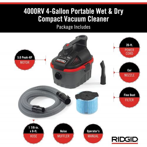  RIDGID 50313 4000RV Portable Wet Dry Vacuum, 4-Gallon Small Wet Dry Vac with 5.0 Peak HP Motor, Pro Hose, Ergonomic Handle, Cord Wrap, Blower Port , Red