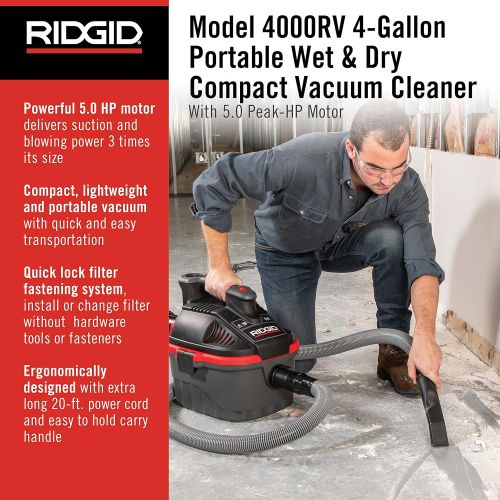  RIDGID 50313 4000RV Portable Wet Dry Vacuum, 4-Gallon Small Wet Dry Vac with 5.0 Peak HP Motor, Pro Hose, Ergonomic Handle, Cord Wrap, Blower Port , Red