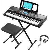 RIF6 Electric 61 Key Piano Keyboard - with Over Ear Headphones, Music Stand, Digital LCD Display, Teaching Modes and Adjustable Stool - Electronic Musical Instruments Starter Set f