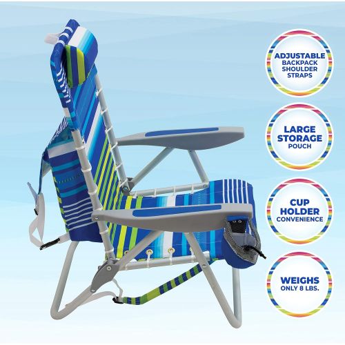  Rio Brands Beach 4-PRio Beach 4-Position Backpack Lace-Up Suspension Folding Beach Chair - Blue/Green Stripe , 24 x 24.75 x 33