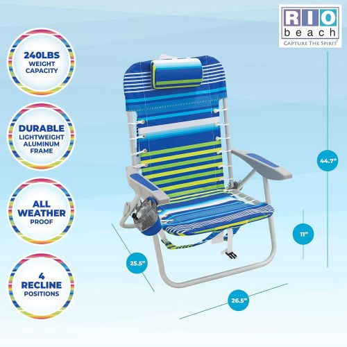  Rio Brands Beach 4-PRio Beach 4-Position Backpack Lace-Up Suspension Folding Beach Chair - Blue/Green Stripe , 24 x 24.75 x 33