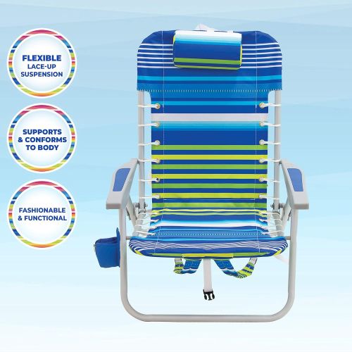  Rio Brands Beach 4-PRio Beach 4-Position Backpack Lace-Up Suspension Folding Beach Chair - Blue/Green Stripe , 24 x 24.75 x 33