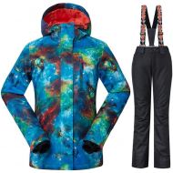 RIUIYELE Womens Fashion High Windproof Waterproof Snowsuit Colorful Printed Ski Bib Jacket and Pants