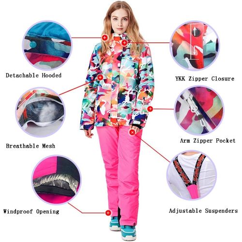  RIUIYELE Womens Ski Bib Suit Jacket Waterproof Snowboard colorful Printed Ski Jacket and Pants Set