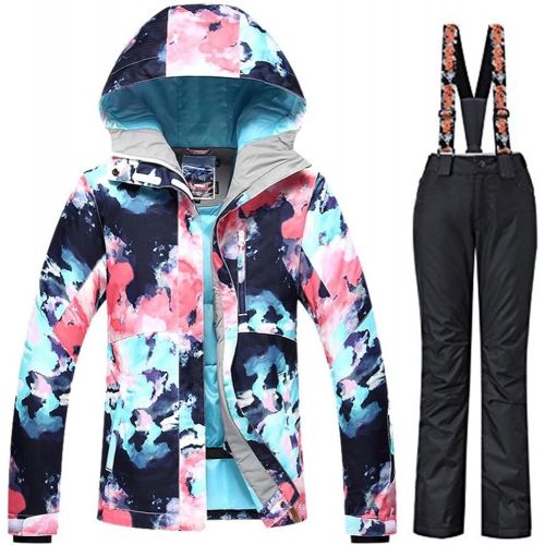  RIUIYELE Womens Ski Bib Suit Jacket Waterproof Snowboard colorful Printed Ski Jacket and Pants Set