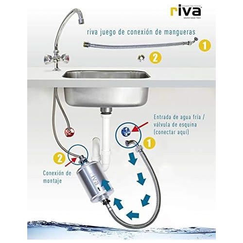  riva Filter | Drinking Water Filter Set Multi | Water Tap Filter ? Certified Protection Against Legionella, Bacteria and Germs in Kitchen Bathroom | Includes Flexible Hose Connecti