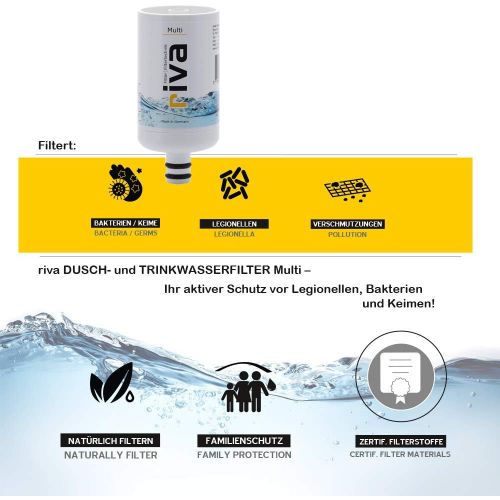  riva Filter | Drinking Water Filter Set Multi | Water Tap Filter ? Certified Protection Against Legionella, Bacteria and Germs in Kitchen Bathroom | Includes Flexible Hose Connecti