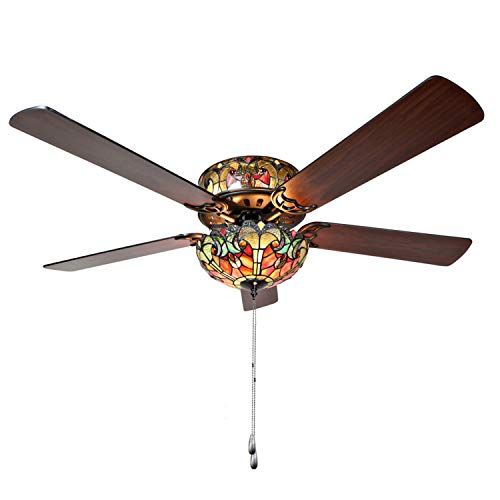  River of Goods Stained Glass Halston LED Ceiling Fan - 52 L x 52 W - Tiffany Style Flush Mount Ceiling Fan - Spice