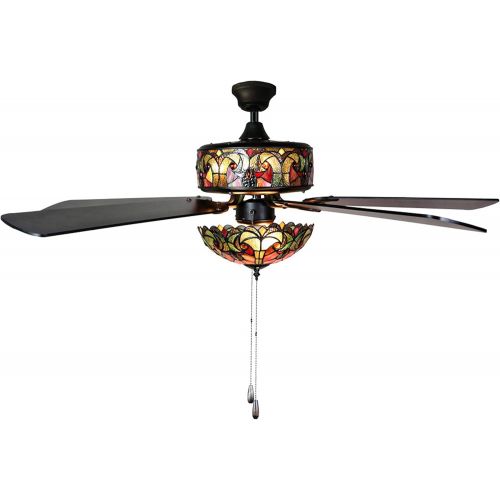  River of Goods Stained Glass Halston LED Ceiling Fan - 52 L x 52 W - Tiffany Style Flush Mount Ceiling Fan - Spice