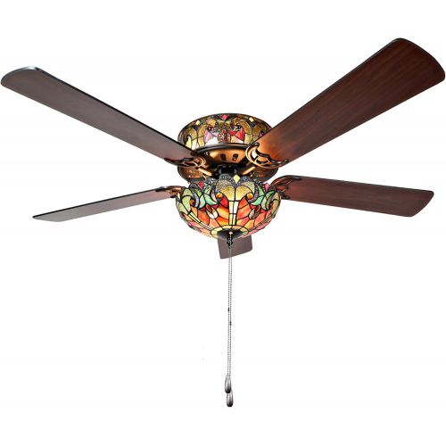  River of Goods Stained Glass Halston LED Ceiling Fan - 52 L x 52 W - Tiffany Style Flush Mount Ceiling Fan - Spice