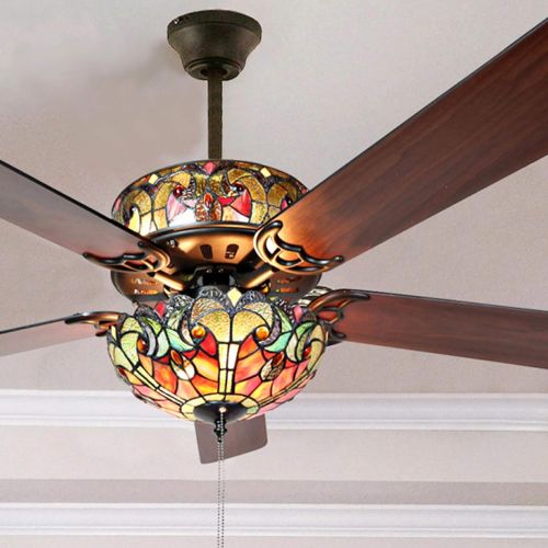  River of Goods Stained Glass Halston LED Ceiling Fan - 52 L x 52 W - Tiffany Style Flush Mount Ceiling Fan - Spice