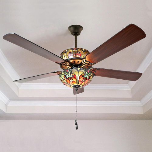  River of Goods Stained Glass Halston LED Ceiling Fan - 52 L x 52 W - Tiffany Style Flush Mount Ceiling Fan - Spice