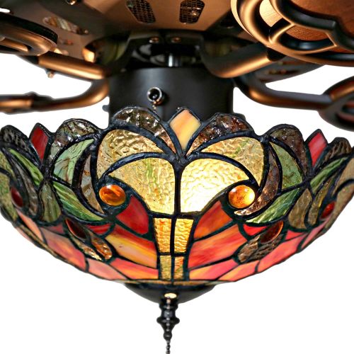  River of Goods Stained Glass Halston LED Ceiling Fan - 52 L x 52 W - Tiffany Style Flush Mount Ceiling Fan - Spice