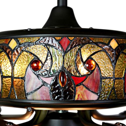  River of Goods Stained Glass Halston LED Ceiling Fan - 52 L x 52 W - Tiffany Style Flush Mount Ceiling Fan - Spice