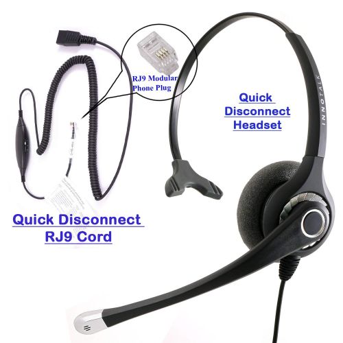  InnoTalk RJ9 Headset - Best Sound Phone headset + Cisco Avaya Panasonic Virtual Compatibility RJ9 Quick Disconnect Headset Cord compatible with Plantronics QD