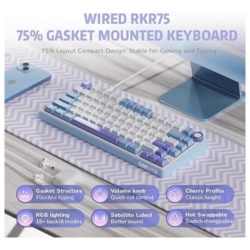  RK ROYAL KLUDGE R75 Mechanical Keyboard Wired with Volumn Knob, 75% TKL Custom Gaming Keyboard Gasket Mount RGB Backlit with Software, Cherry Profile, Hot Swappable Silver Switch, PBT Keycaps