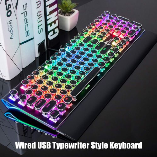  [아마존베스트]DoubleW Typewriter Style Mechanical Gaming Keyboard with True RGB Backlit, Detachable Wrist Rest, 108-Key Anti-Ghosting Blue Switch Retro Steampunk Vintage Round Keycaps, Black