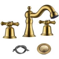 RKF Brass Two Handle Widespread Bathroom Sink Faucet with METAL Pop-up Drain with overflow and CUPC Supply Hoses,Brushed Gold,CWF033-BG