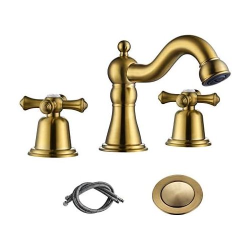  RKF Brass Two Handle Widespread Bathroom Sink Faucet with METAL Pop-up Drain with overflow and CUPC Supply Hoses,Brushed Gold,CWF033-BG