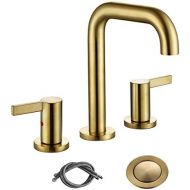 RKF Solid Brass Two Handle Widespread Bathroom Sink Faucet with METAL Pop-up Drain with overflow and CUPC Supply Hoses,CWF028-BG,Brushed Gold