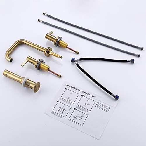  RKF Solid Brass Two Handle Widespread Bathroom Sink Faucet with METAL Pop-up Drain with overflow and CUPC Supply Hoses,CWF028-BG,Brushed Gold