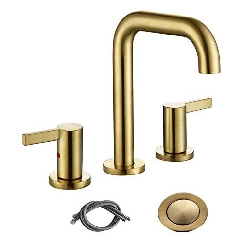  RKF Solid Brass Two Handle Widespread Bathroom Sink Faucet with METAL Pop-up Drain with overflow and CUPC Supply Hoses,CWF028-BG,Brushed Gold