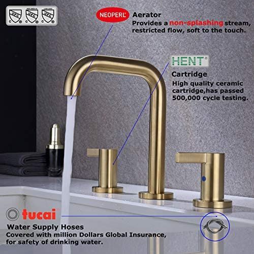  RKF Solid Brass Two Handle Widespread Bathroom Sink Faucet with METAL Pop-up Drain with overflow and CUPC Supply Hoses,CWF028-BG,Brushed Gold