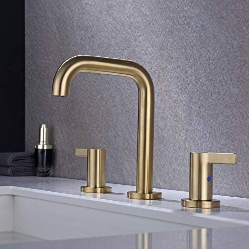  RKF Solid Brass Two Handle Widespread Bathroom Sink Faucet with METAL Pop-up Drain with overflow and CUPC Supply Hoses,CWF028-BG,Brushed Gold