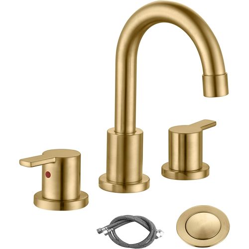  RKF Two Handle Widespread Bathroom Sink Faucet with Pop-up Drain with Overflow and Faucet Supply Hoses,Brushed Gold,WF015-9-BG