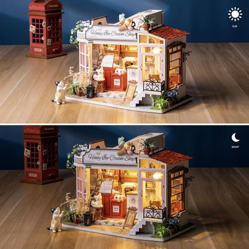  ROBOTIME Dollhouse Miniature with LED Wooden Miniature Craft Kits for Adults DIY Model Ice-Cream Shop Kits Creative Gift